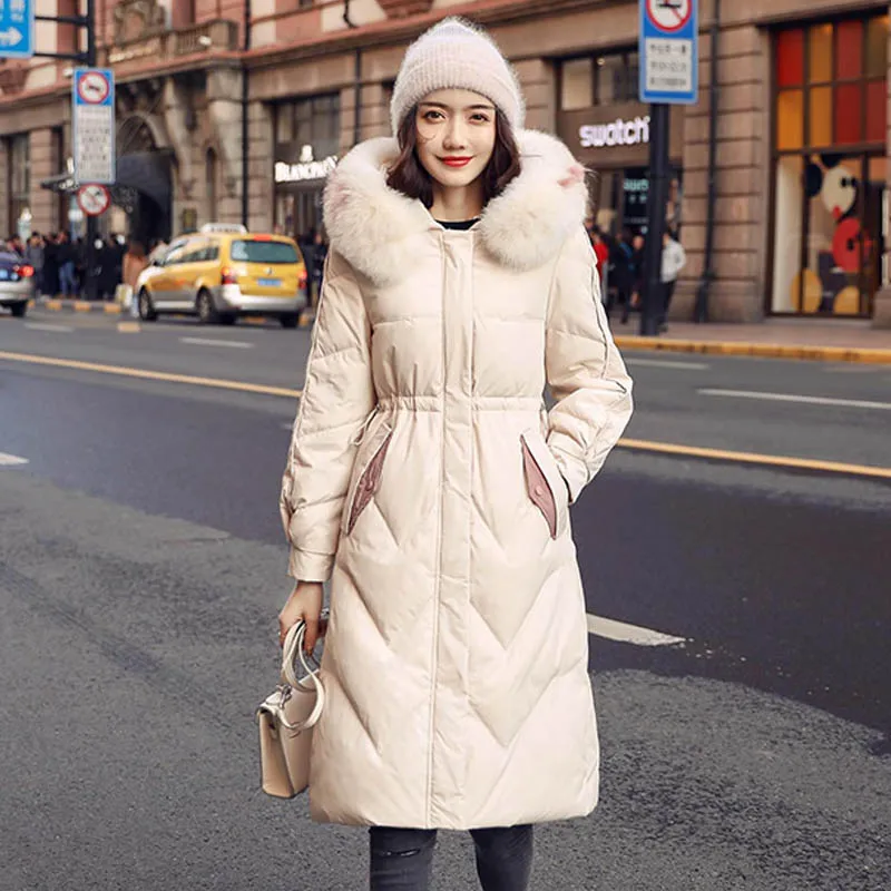 Женский пуховик на утином пуху длинная парка с капюшоном и воротником из