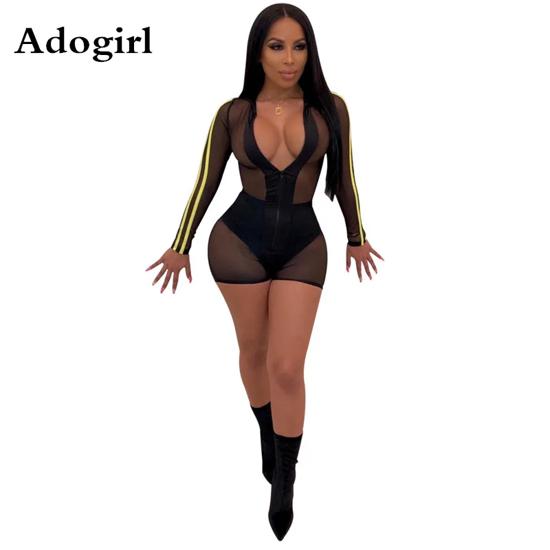 

Sheer Mesh Zipper Zip Up Playsuit Side Stripes Deep V neck Long Sleeve Hooded See Through transparent Bodysuit Overalls