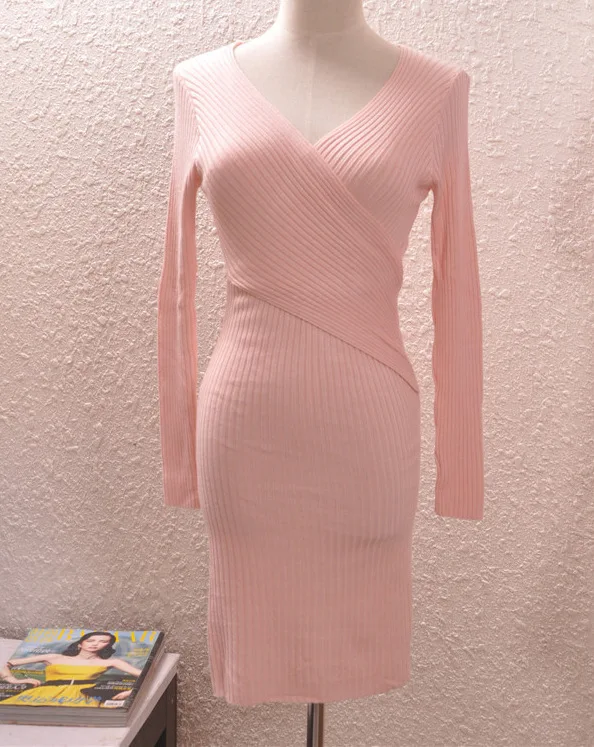 2016 Мода Осень Женщины Вязать Платье Глубокий V образным Вырезом С Длинным Рукавом