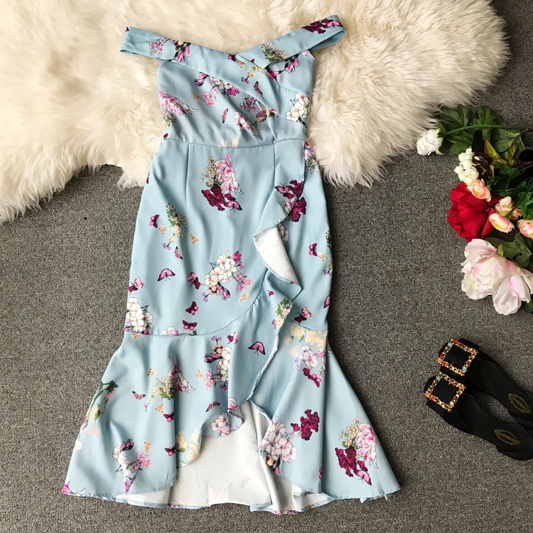 New women summmer dresses boat neck Print robe sexy Fishtail vestidos mujer Irregular split floral dress off shoulder | Женская одежда