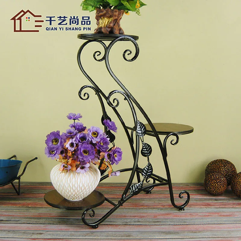 European style balcony wood floor stand black metal iron multi room hanging orchids shelf special offer | Дом и сад