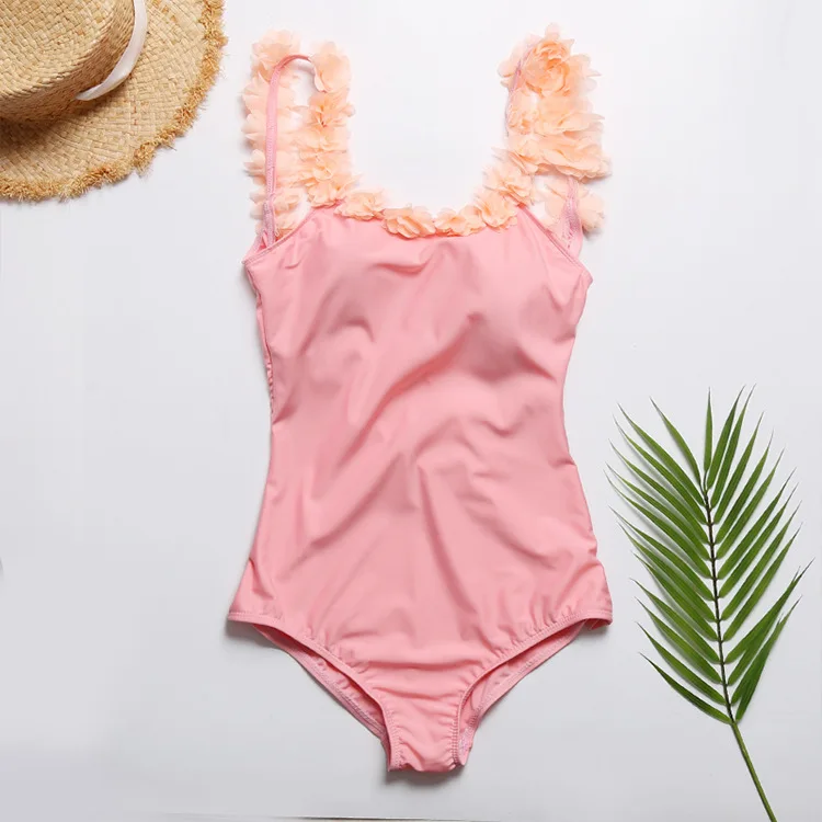 Цельный купальник с объемным цветком женский открытой спиной рюшами и монокини