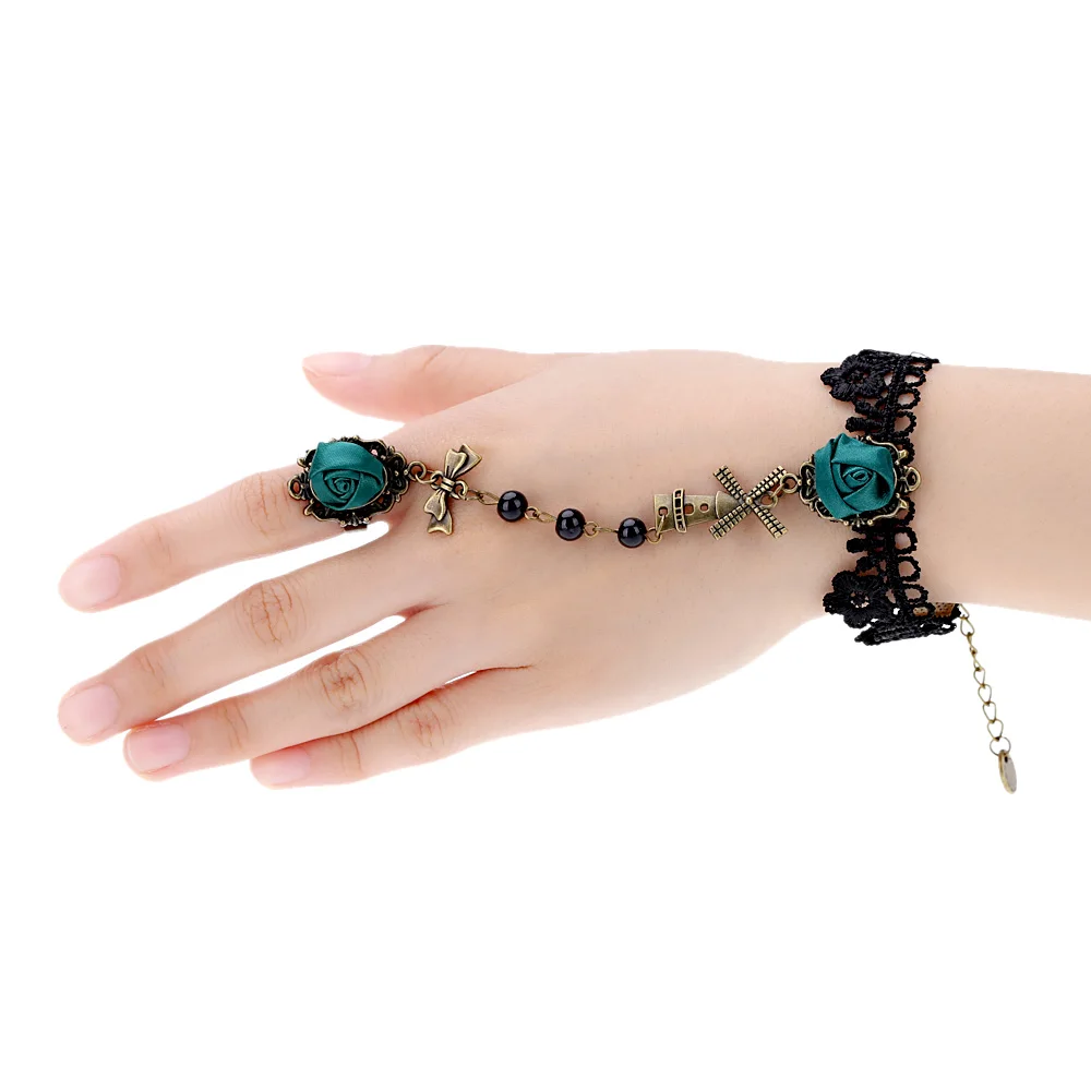 Rose Flower Bowknot Windmill Hollow Lace Bracelet with Ring Wedding Party Bridal Bridesmaid Accessories for Women Girls|bracelet unisex|accessories