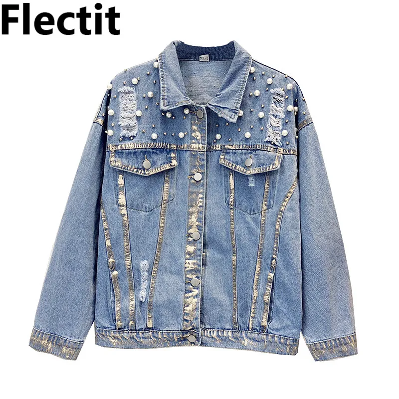 Женская джинсовая куртка Flectit с жемчужными заклепками винтажная стирка