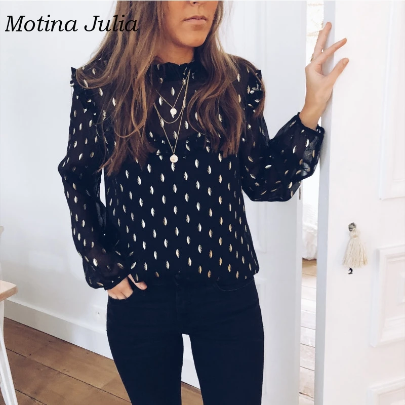 Motina Юлия sexy Листья печати рюшами женские блузки рубашки Длинные рукава