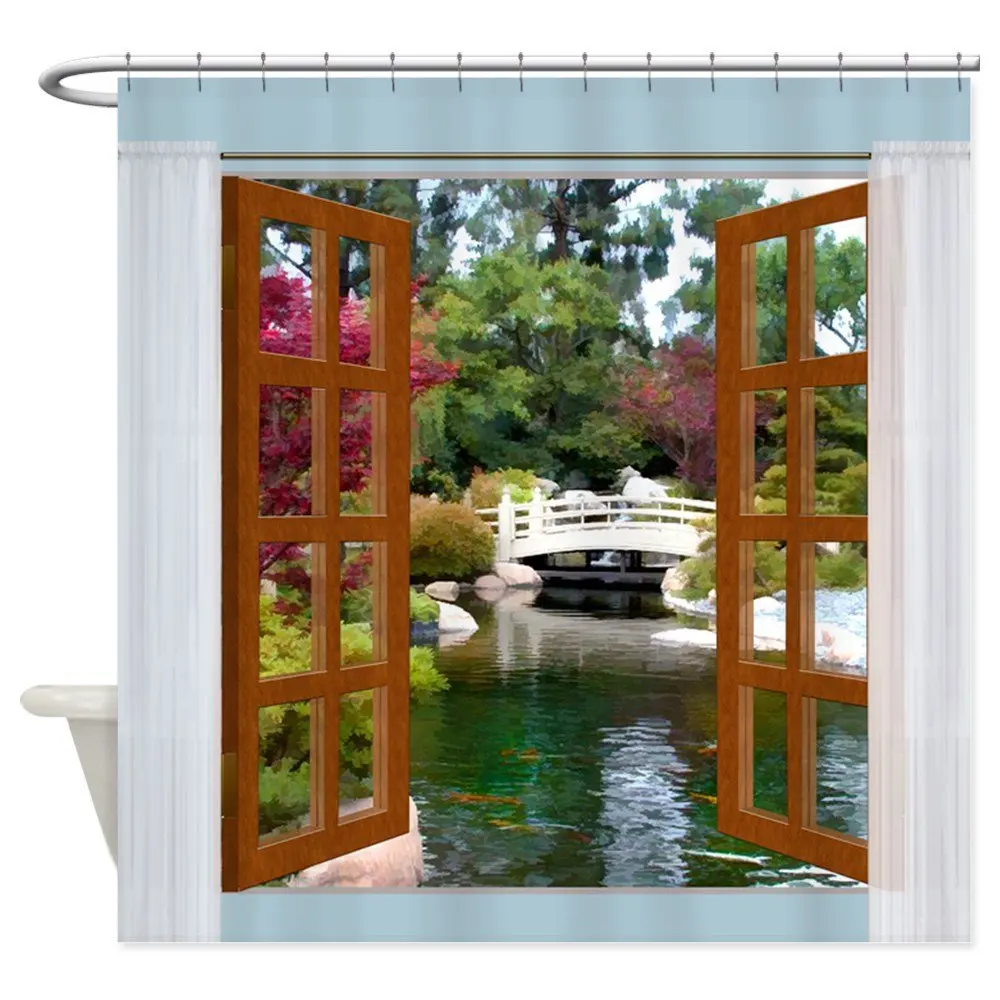 Вид на окно японского сада Koi пруд душ Cur декоративная ткань занавеска для душа (69