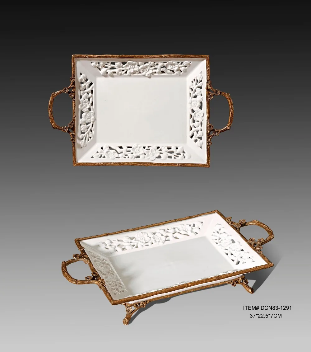 Античный Белый Фарфор Латунь Ушастый Пластины Керамические Декоративные Лоток