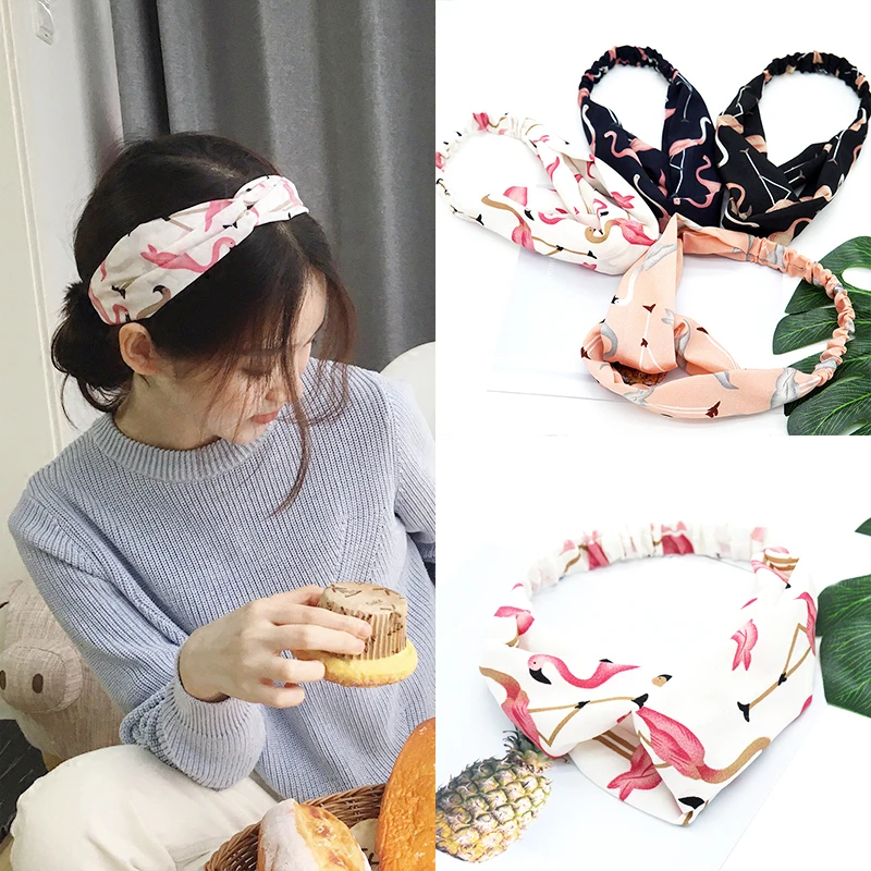 

Korean Chiffon Hair Bands Fashion Flamingo Turbe Pink White Cartoon Headbands Sweet Cross Knot Hair Accessories for Women Girls
