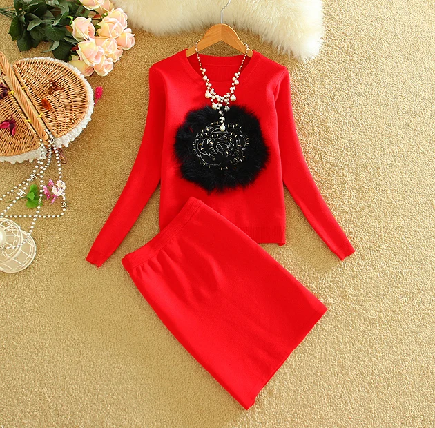 Верно животных шерстяной вязаный свитер юбка костюм с длинным рукавом о женщины