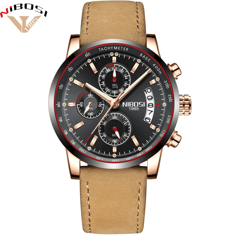 Модные мужские часы кварцевые с секундомером кожаный ремешок деловые наручные