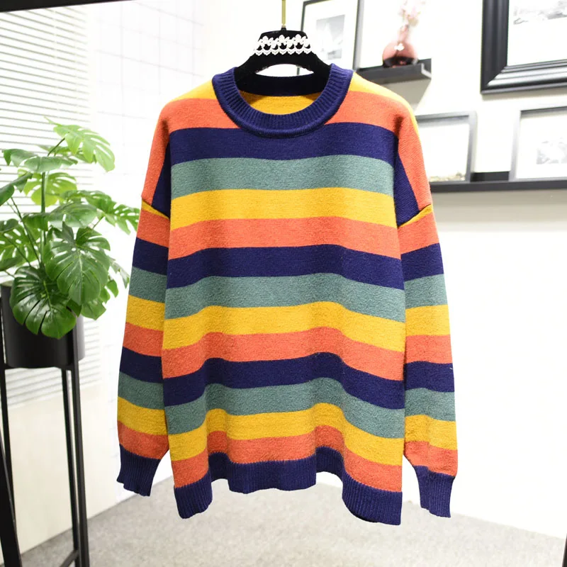 Autumn Women Knitted Sweater Rainbow Stripe Loose Outerwear Long Batwing Sleeve Pullover Knitwear Female Casual Tops One Size | Женская