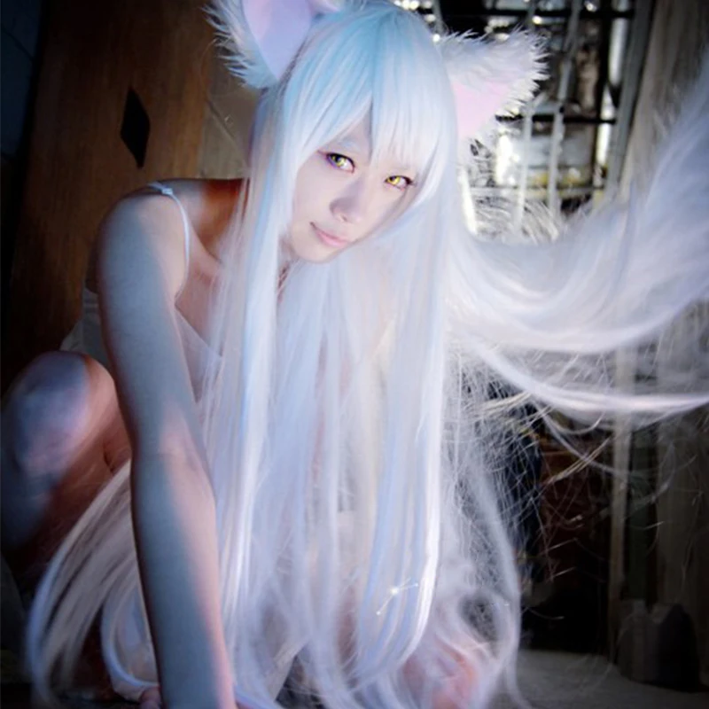 Neko Monogatari Hanekawa Tsubasa Косплей волосы 100 см Серебряный Белый Косплей головные уборы термостойкие синтетические Perucas