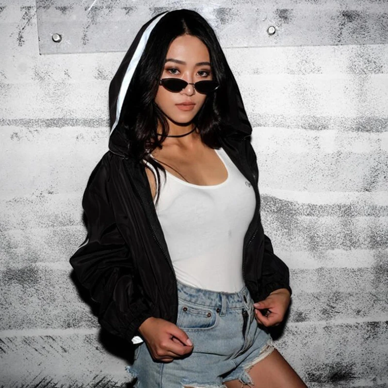 Женский черный белый контрастный цвет короткая длина на молнии с капюшоном Тренч