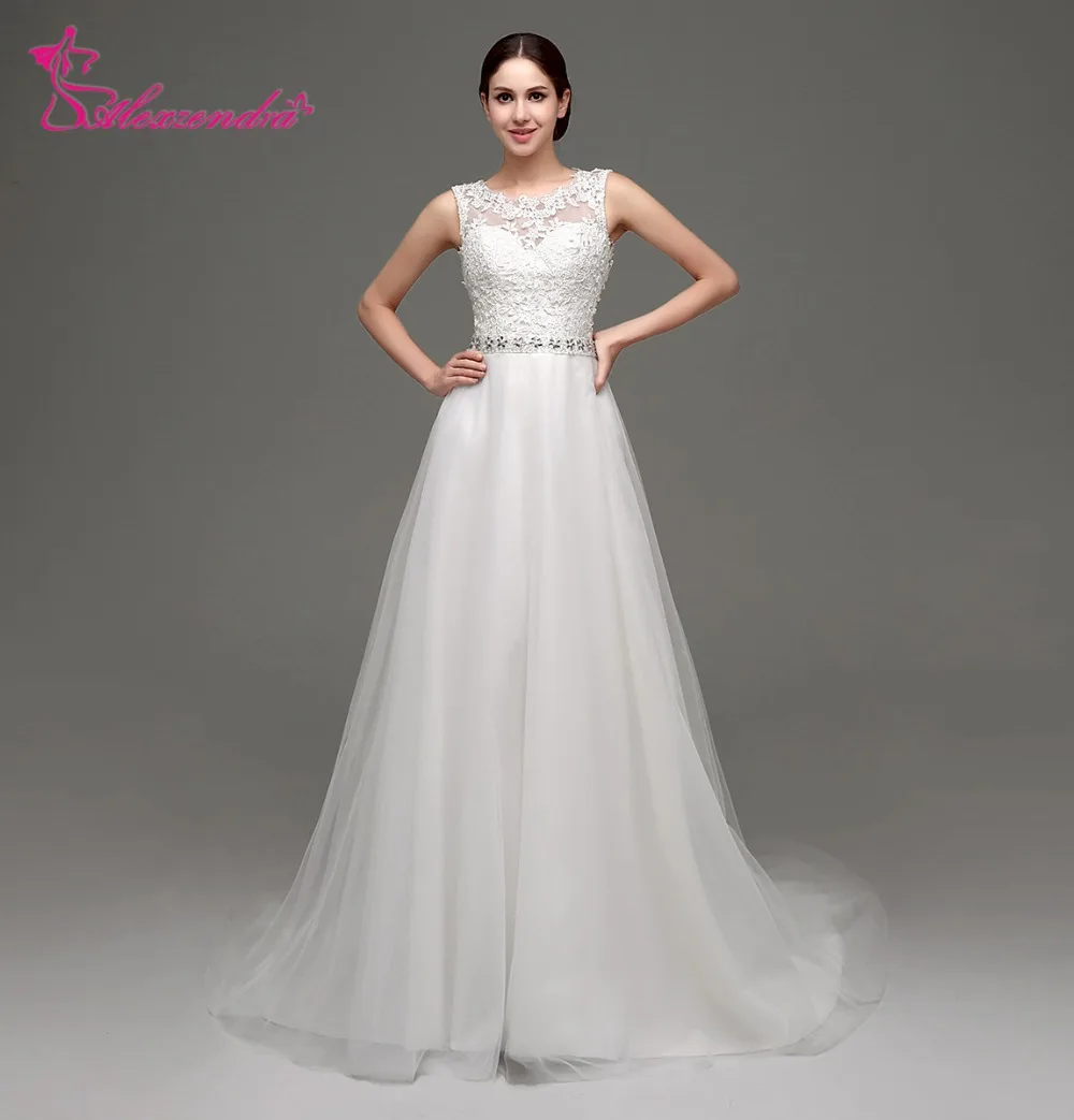 

Alexzendra Stock Dresses Simple A Line Wedding Dress Scoop Neck Illusion Back Elegant Bridal Gowns Ready to Ship