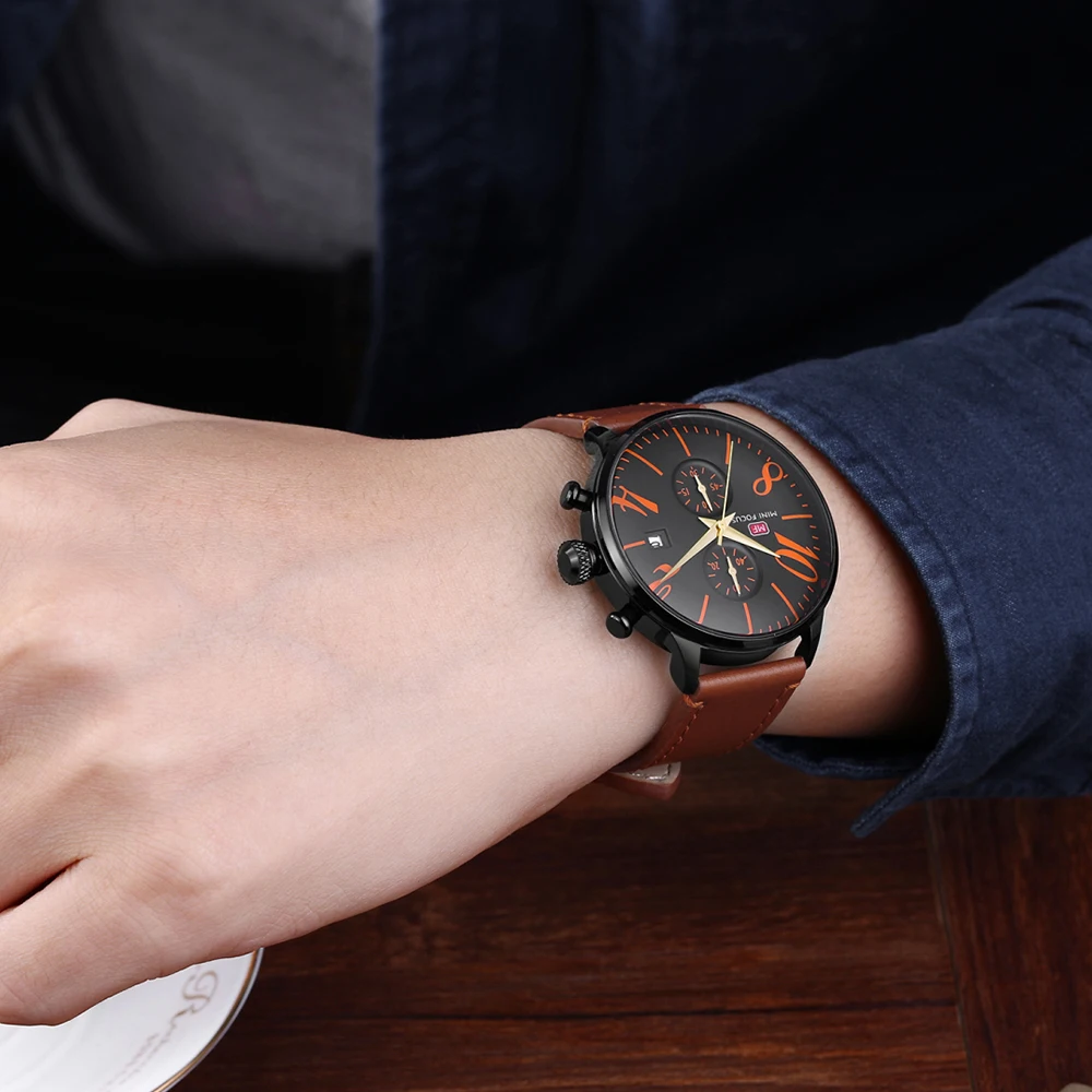 Спортивные мужские часы с мини-фокусом, водонепроницаемые, кожаный ремешок, модные мужские наручные часы, кварцевые часы для мужчин, люксовый бренд, Relogio Masculino