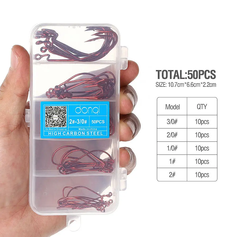 Red 50pcs DONQL 50/100 шт углерода Сталь Колючая Крючки рыболовные рукоятка джига большие крючки на окуня для Мягкая приманка рыболовные снасти крючок для ловли карпа, комплект - Цвет: Red 50pcs