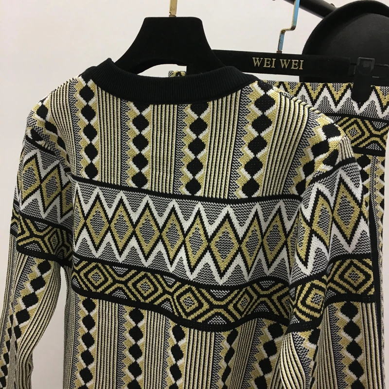 ALPHALMODA осень геометрический принт OL Повседневный свитер юбка костюм пуловер вязаный жакет+ юбка женский модный зимний комплект