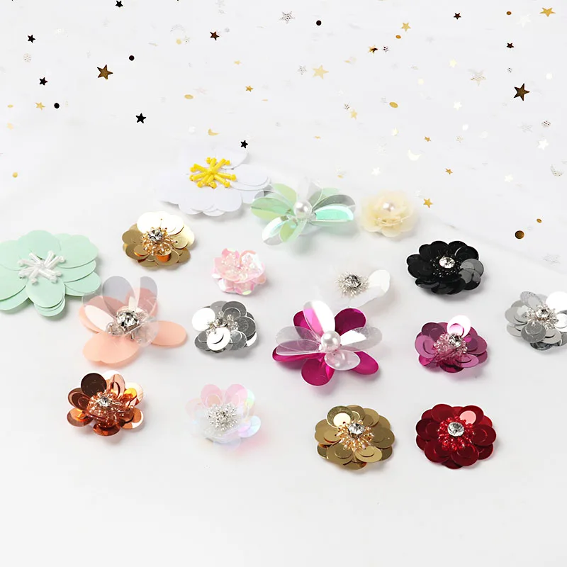 

2Pcs Handmade Sequined Beads Flower Applique Patches For Hair Clip Bags Brooch Dress Embroidery DIY Sewing Accessories