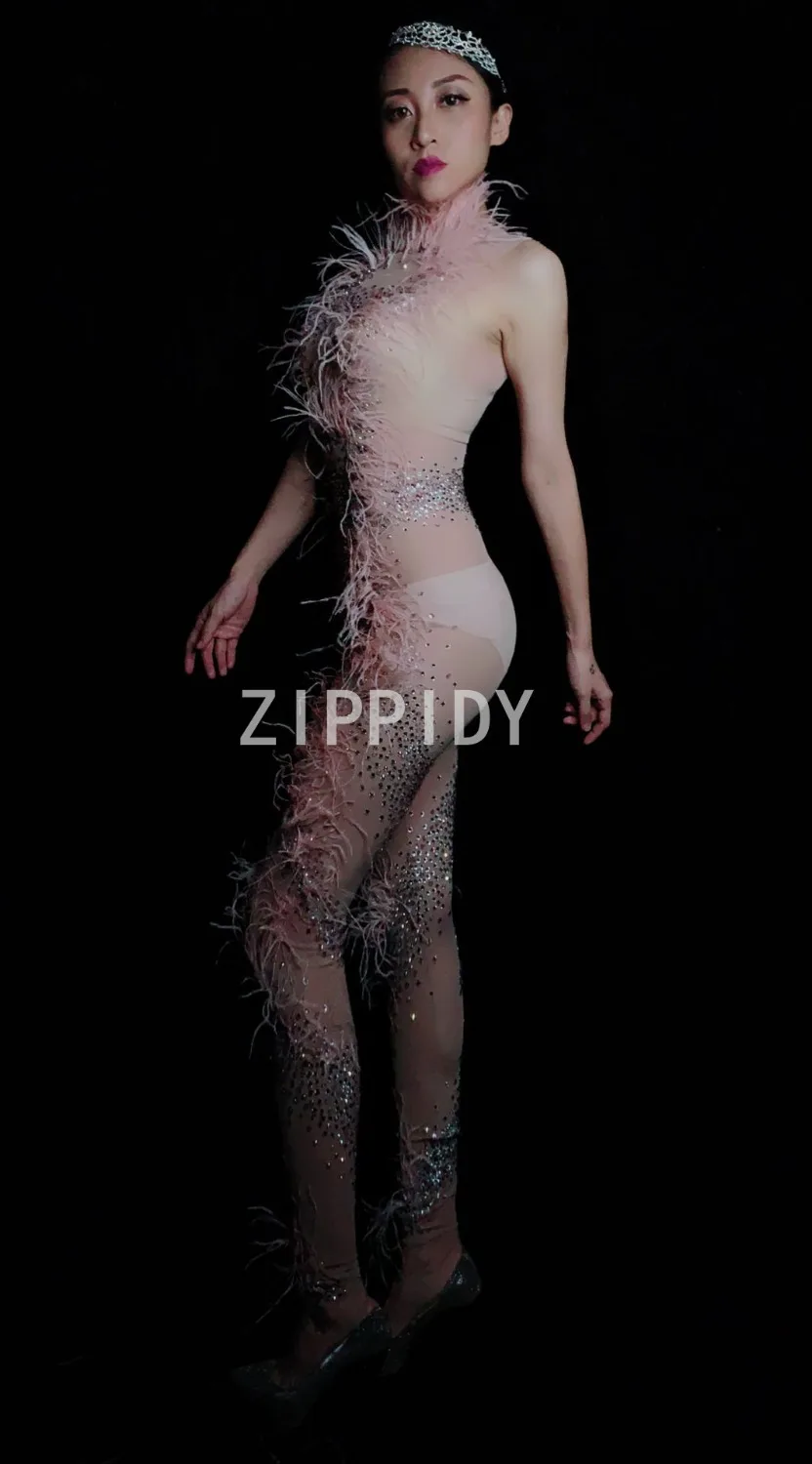 Многоцветный сетчатый прозрачный комбинезон Стразы с перьями для празднования