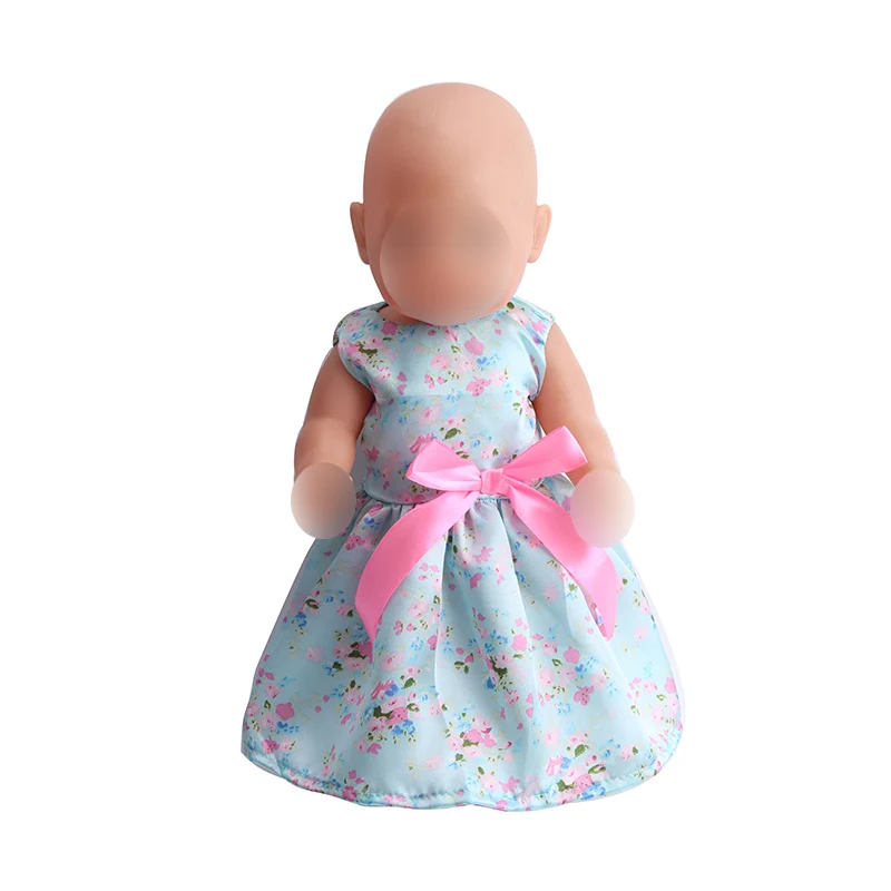 

43 cm baby dolls dress new born Princess Light blue printed evening gown Baby toys fit American 18 inch Girls doll f113
