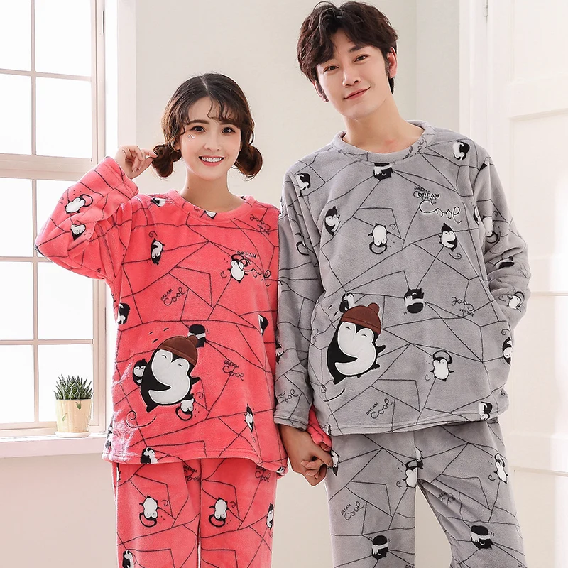 Осенне-зимние мужские Фланелевые толстые пижамы с длинным рукавом коралловые