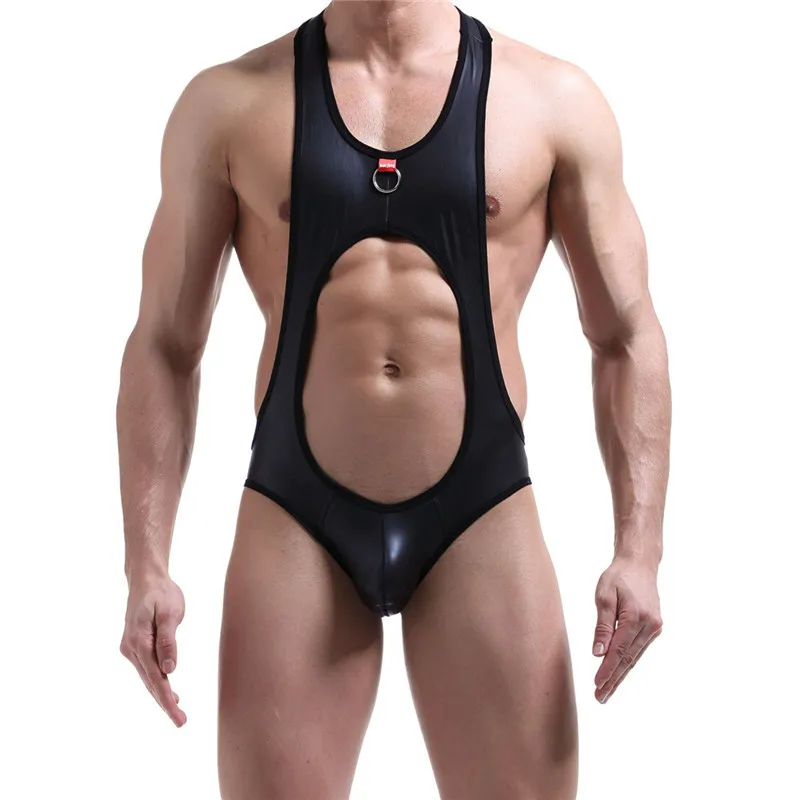 Sexy Men Undershirt Faux Leather PU Men's Close-fitting Vest Fitness Elastic Casual O-neck Open Butt Breathable Undershirts