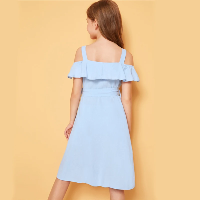 SHEIN/Детское платье-рубашка в стиле бохо с открытыми плечами и рюшами, с поясом г., милое летнее платье до колена на пуговицах спереди, с высокой талией