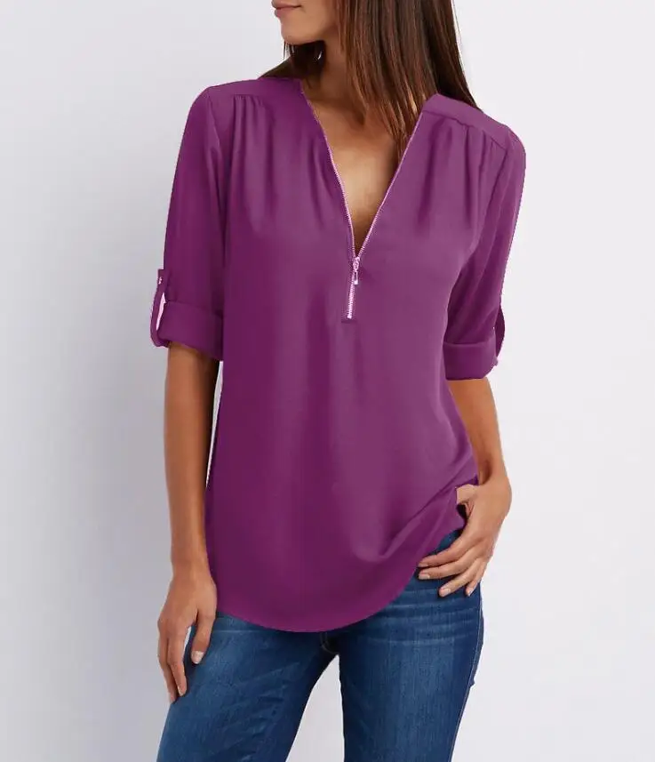 10 Blusas mujer de moda, рубашка с длинным рукавом и v-образным вырезом, Элегантная блузка, шифоновая Женская Коллекция nouvelle, с украшением на молнии - Цвет: 10