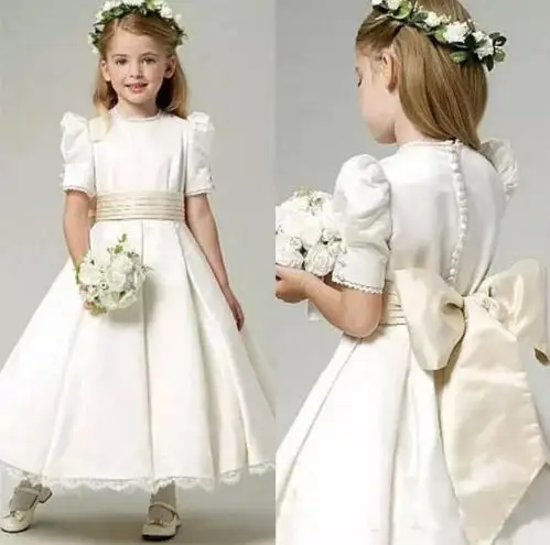 

Vintage Ivory Flower Girl Dress For Wedding Jewel Neck Bubble Short Sleeves Little Girls Wedding Party Dress Birthday Gown
