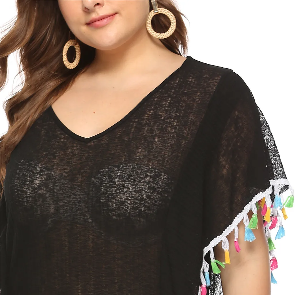 Женское трикотажное пляжное платье бикини размера плюс с кисточками в стиле