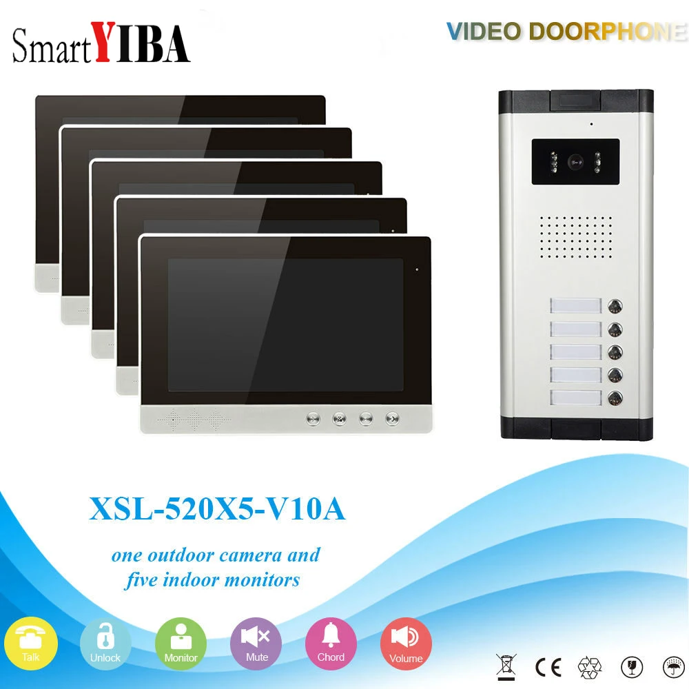 

SmartYIBA 5 Apartments Home Video Door Phone 7inch Color Screens Video Intercom System Night Vision CCD Door Bell