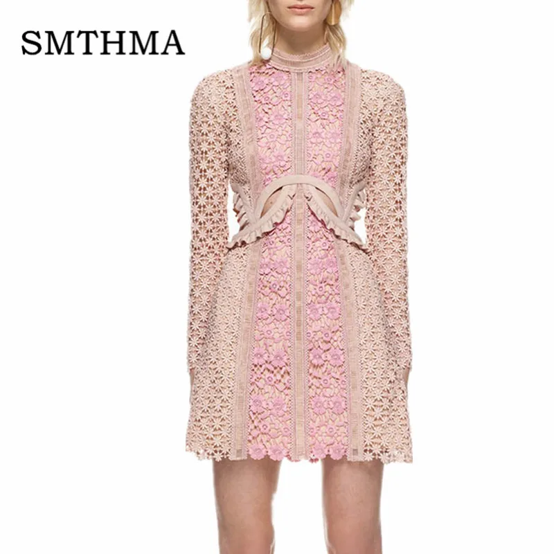 picture color Летящее женское платье SMTHMA, Красивое розовое кружевное лоскутное платье с вышивкой с длинным рукавом на осень-весну, высокое качество - Цвет: picture color