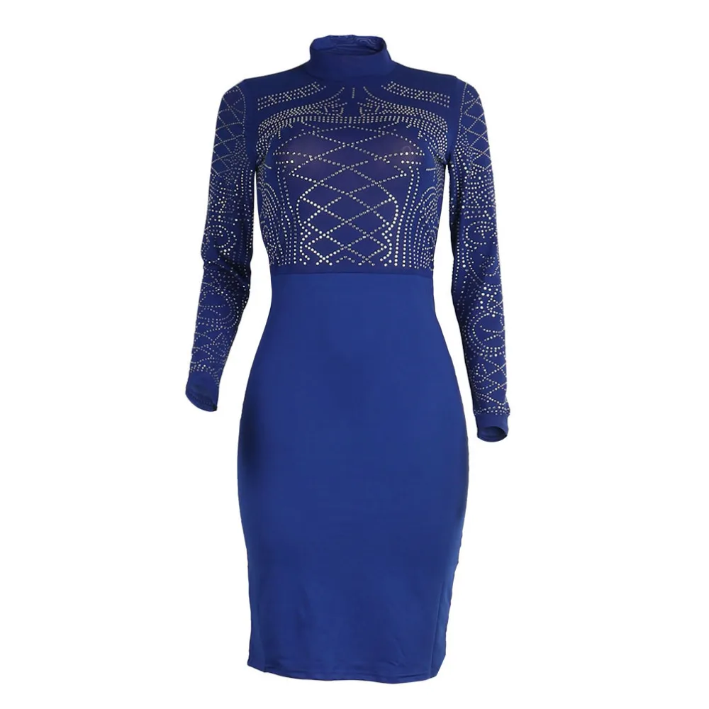 2017 Spring Dress Длинные Рукава Синий Цвет Колен Водолазка Оболочка Женщины Платье |