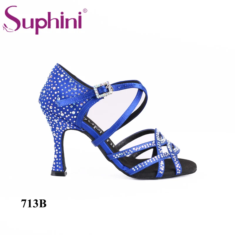 Blue 8.5cm heel(34) Suphini/высокий класс; стразы; Верхняя часть; обувь для латинских танцев; Женская Блестящая атласная обувь; цвет золотистый, Серебристый; обувь для профессиональных танцев - Цвет: Blue 8.5cm heel(34)