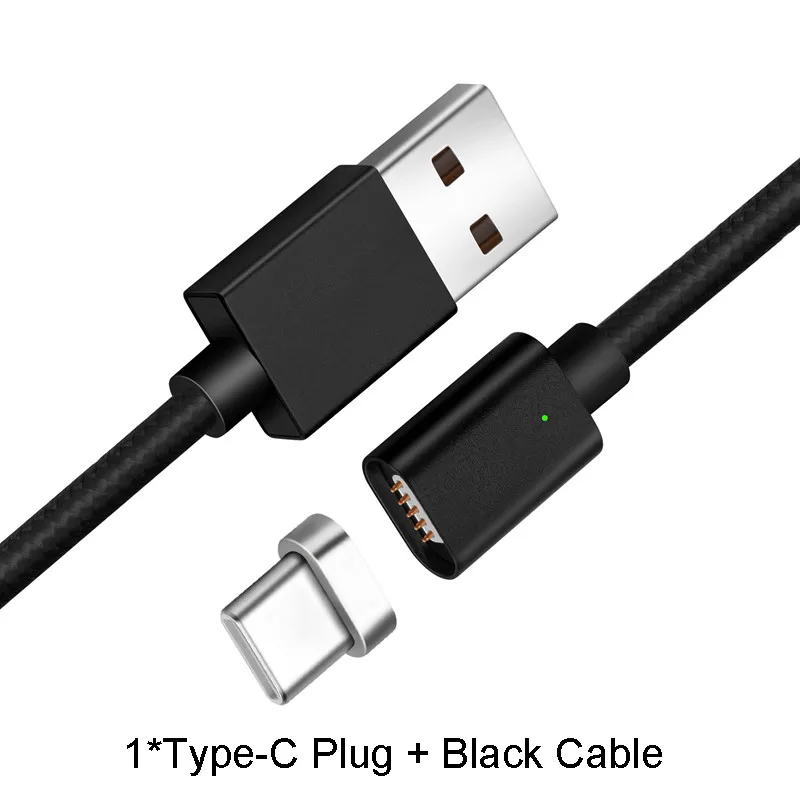 Black For Type C Магнитный зарядный кабель 1 м, кабель Micro USB для iPhone XR XS Max X 8 7 6 S, магнитное зарядное устройство usb type C, светодиодный кабель для зарядки - Тип штекера: Black For Type C