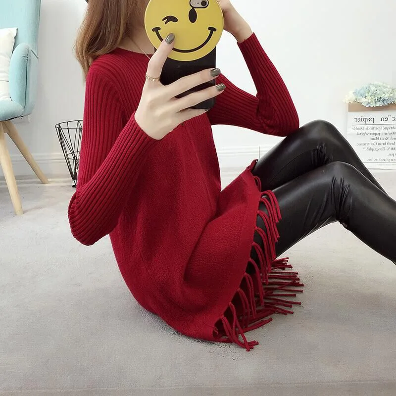 Новинка зимний женский длинный джемпер Свободный пуловер с кисточками вязаный