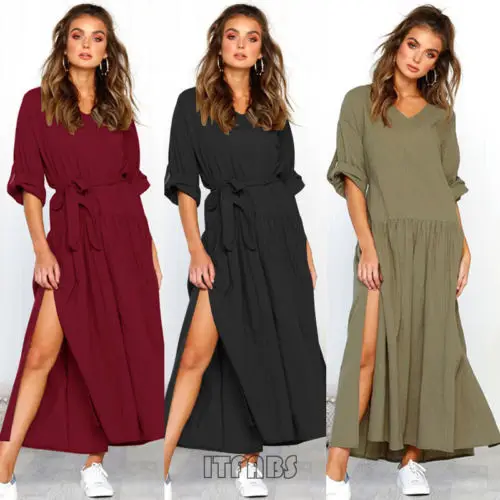 Женское длинное Макси платье туника с рюшами и регулируемым рукавом v-образным