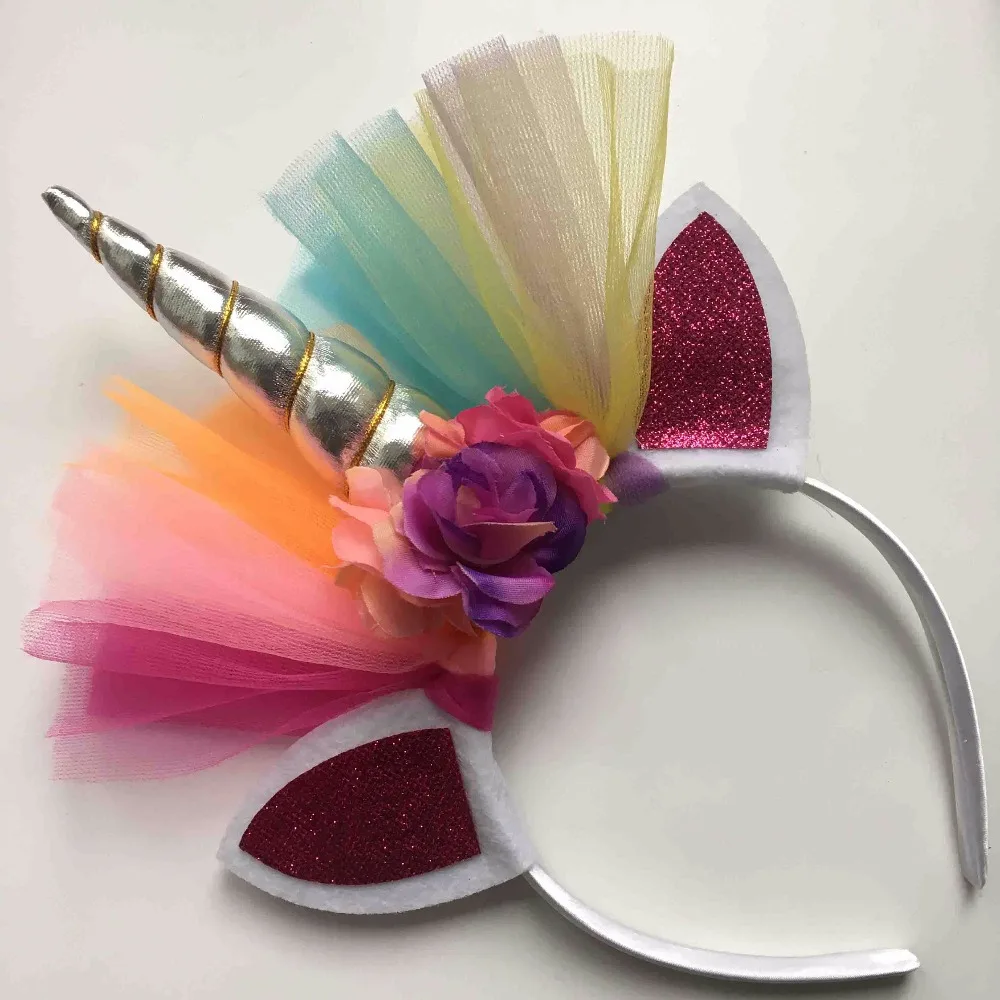 

Rainbow Unicorn Horn Hairband Kids Chiffon Unicorn Head Glitter Hairbands Easter Bonus for Party Gift Hair Accessories