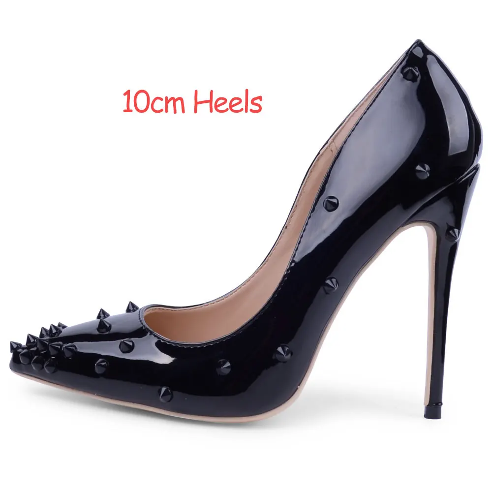 Black Rivet 10cm Veowalk/пикантные женские туфли на очень высоком каблуке с заклепками; модные женские туфли-лодочки из лакированной кожи с острым носком на шпильке; Цвет по индивидуальному заказу - Цвет: Black Rivet 10cm
