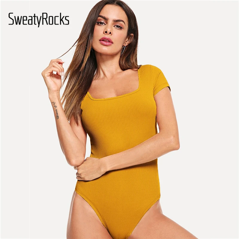 SweatyRocks твердый ребристый вязаный тощий Кепка гимнастический костюм с рукавом квадратной шеей облегающий элегантный боди летний женский сексуальный боди