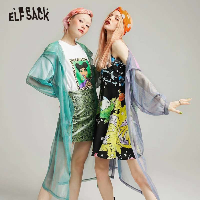 ELF SACK винтажное Черное женское платье на бретелях с принтом 2019 летнее сексуальное