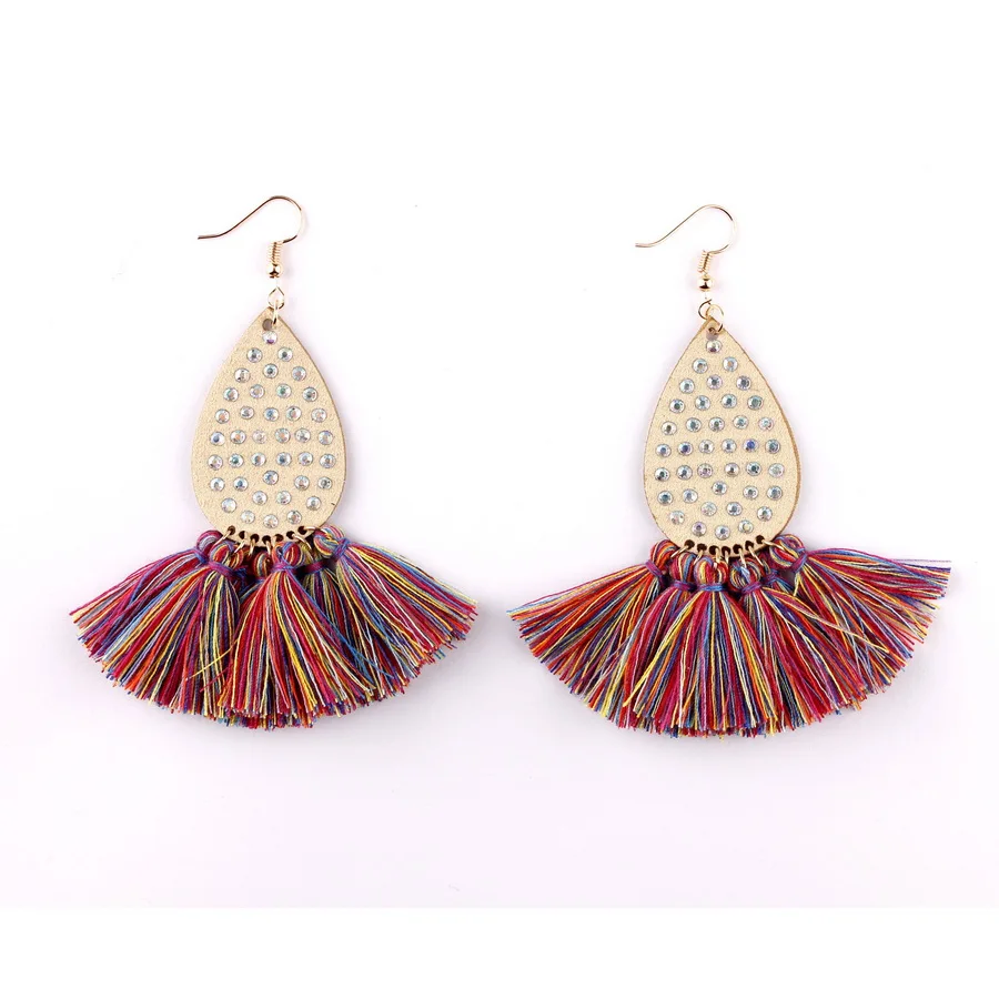 

2019 Fashion Trendy Bohemian Style Pave Rhinestone Teardrop Leather Rainbow Tassel Fan Fringe Dangle Drop Earrings for Women New