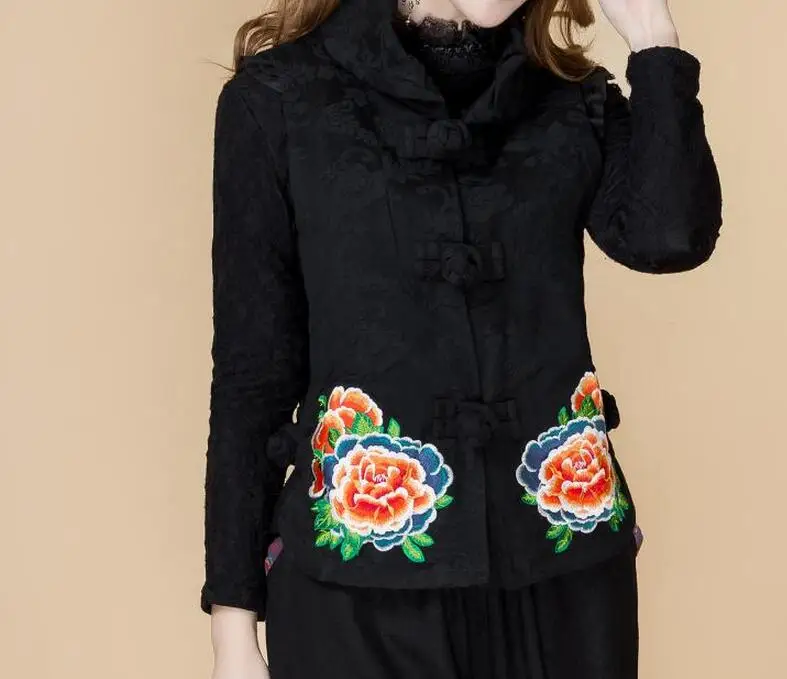 Женская Новая Модная хлопковая и льняная куртка с вышитым воротником пуговицами