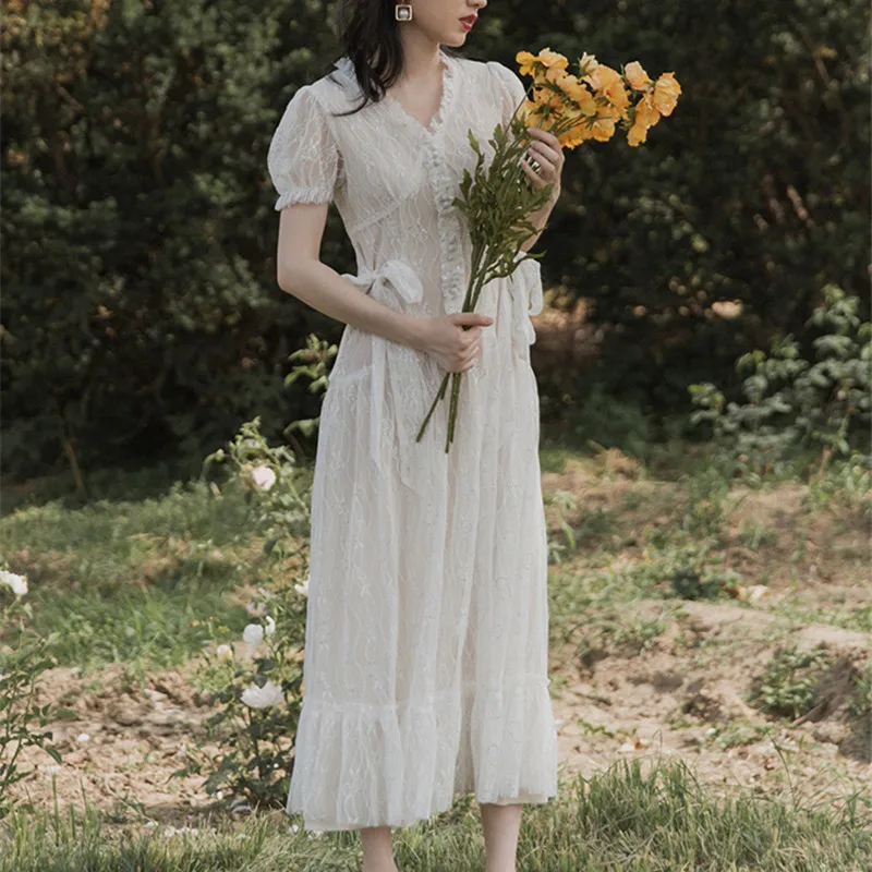 SWEETXUEE/2019 летнее винтажное белое кружевное платье с v образным вырезом и пышными