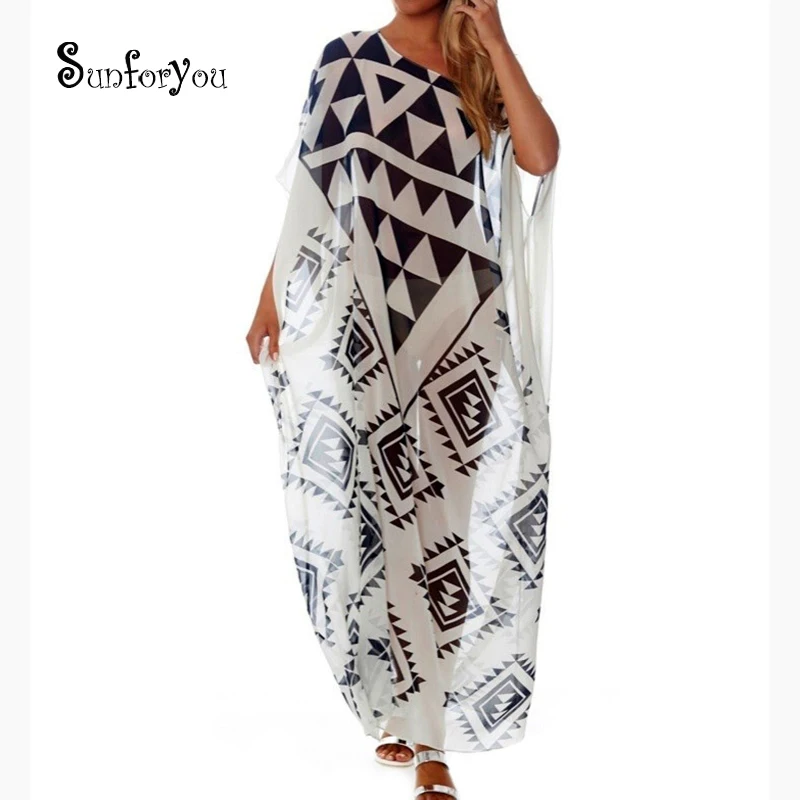 

Plus Size Chiffon Long Beach Dress Saida De Praia Beach Kaftan Boho Sexy Women Dress Robe De Plage Tunics For Beach Pareos