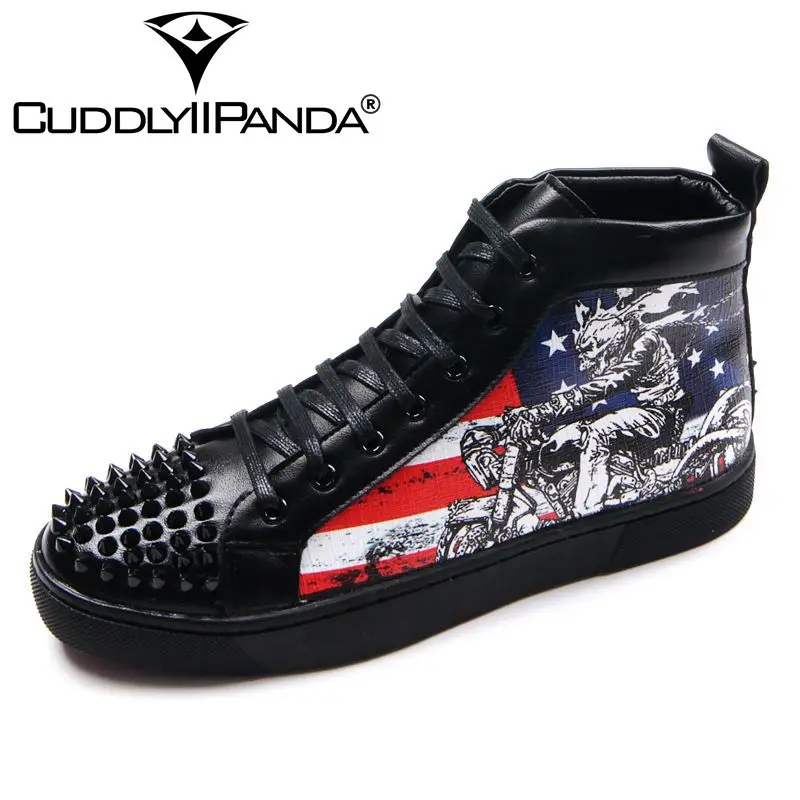 Online Panda Suka Diemong Pria Kembang Api Bordir Sepatu Tinggi Atas Kanvas Platform Datar Renda-Up Rivet Pergelangan Kaki Payet Zapatillas Hombre