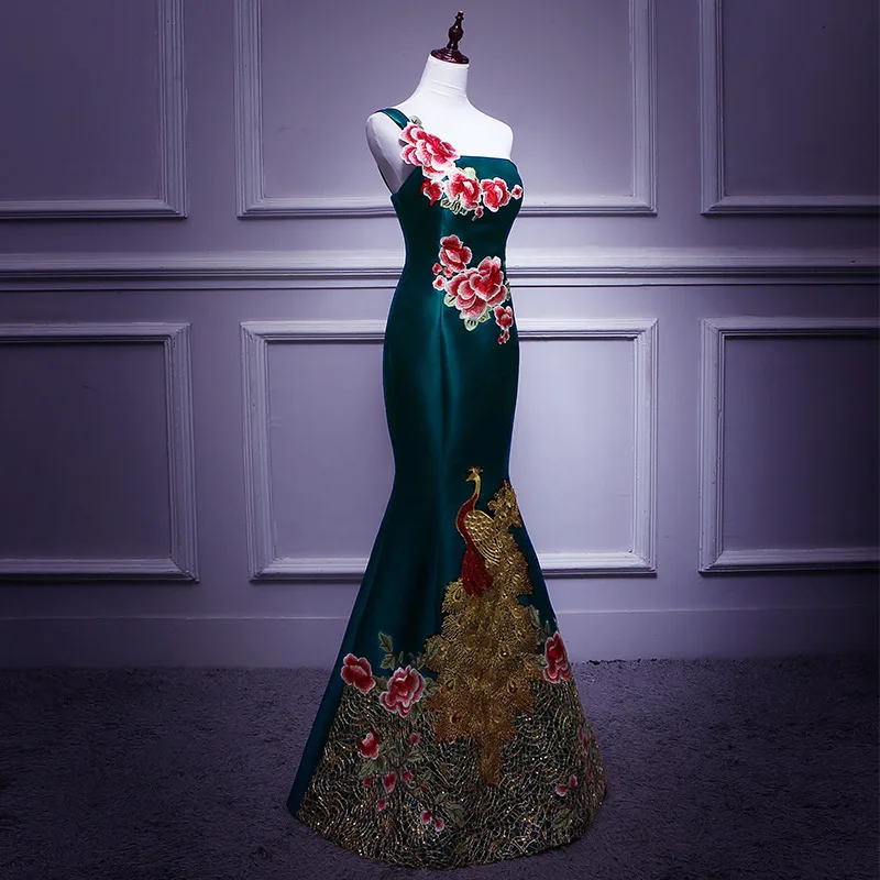 

Длинное зеленое платье Чонсам на одно плечо Vestidos, китайское вечернее платье Ципао, классическое вечернее платье, размер S-XXL