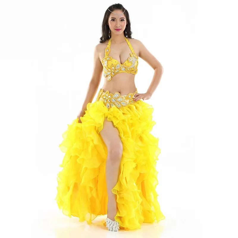 

#879 Egyptian Belly Dance Outfit Set Beaded Bra B/C Cup Wave Skirt Egypt Belly Dance Costume Professional