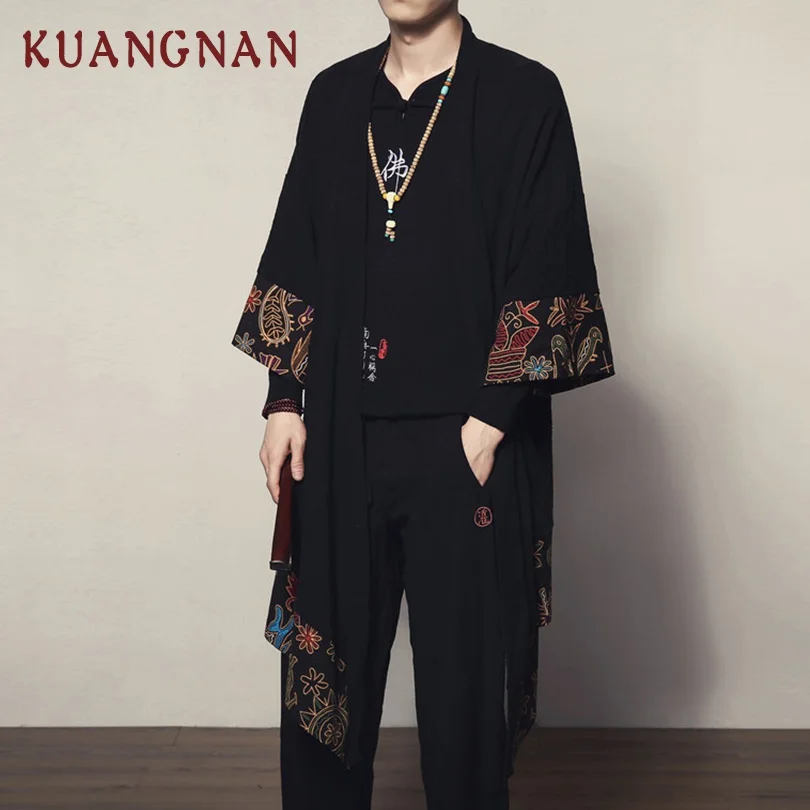Мужская длинная рубашка кимоно KUANGNAN черная в китайском стиле 2019|Повседневные
