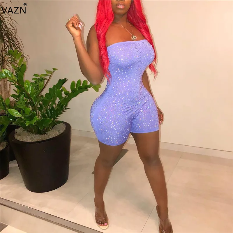 VAZN 2019 Top High Quality Sexy Party Style Women Mini Jumpsuits Solid Strapless Sequined Sleeveless Skinny Romper ME186 | Женская
